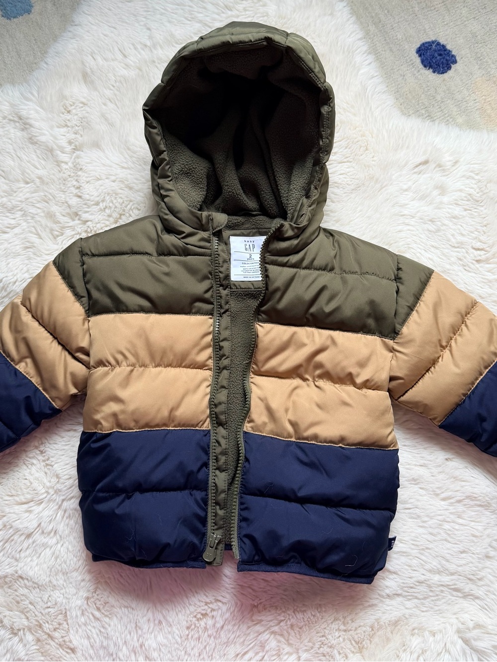 GAP Kids Olive Tan Navy Colorblock Puffer Jacket